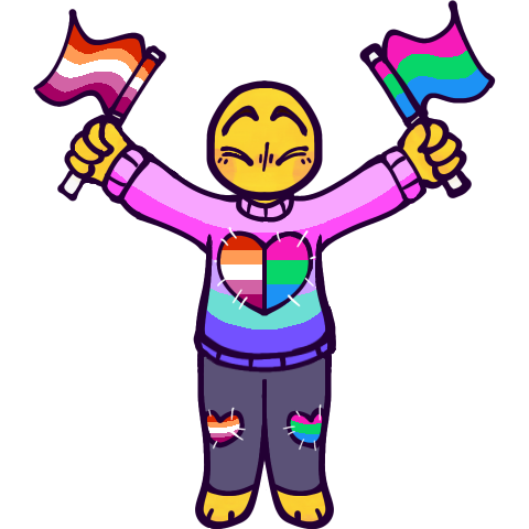 a drawing of a cartoony generic yellow human happily standing with their arms outstretched and holding up two small handheld flags, one in each hand. The lines are a very dark purple, except for the white stitches on the clothes. The person is wearing a 7 stripe pink, blue and purple poly lesbian flag sweater with a heart stitched onto the front, and purple leggings with heart-shaped patches on the knees. Their feet appear to be like paws, their head is very round - almost a circle - and bald, and they only have four fingers. Their eyes are squinted shut, and their eyebrows are raised high in an excited expression. They have no visible mouth and a nose is only loosely implied. the left flag and hearts are the lesbian flag, while the right are the polysexual flag.